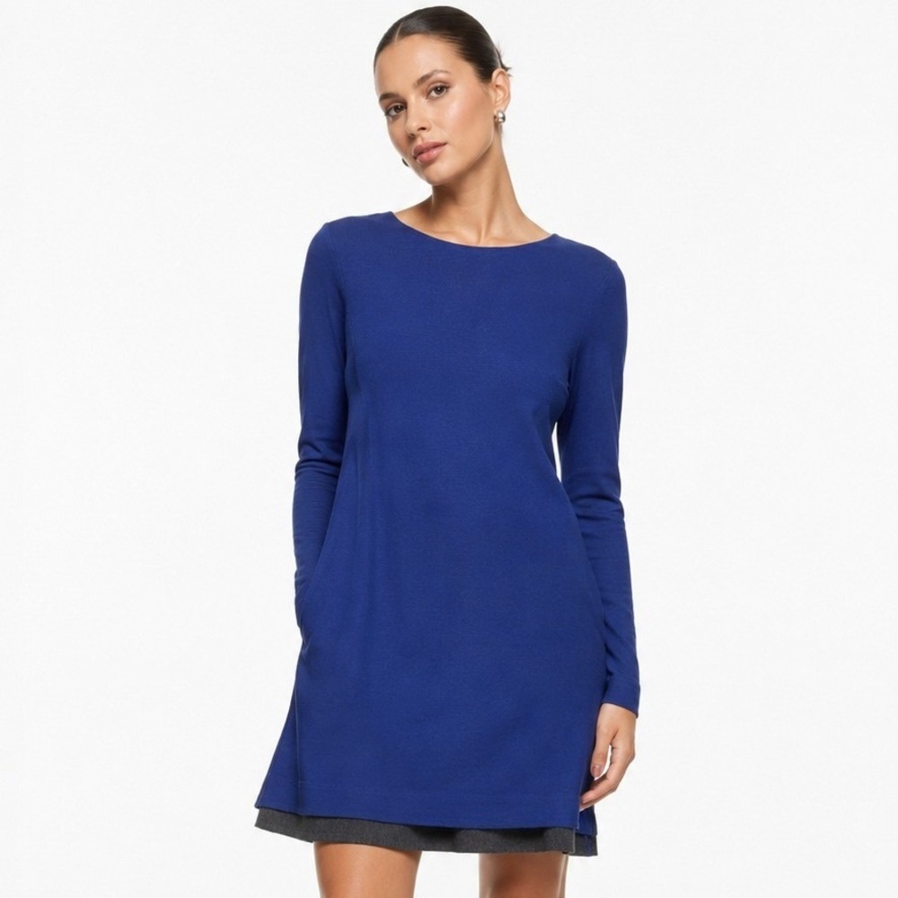 COS Womens Royal Blue Long‎ Sleeve Shift Dress Layered Hem Pockets Minimalist
